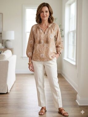 Land's End  100% Linen Floral Print Tunic Top 3/4 Sleeve Tan Sz XL  Peasant Tie